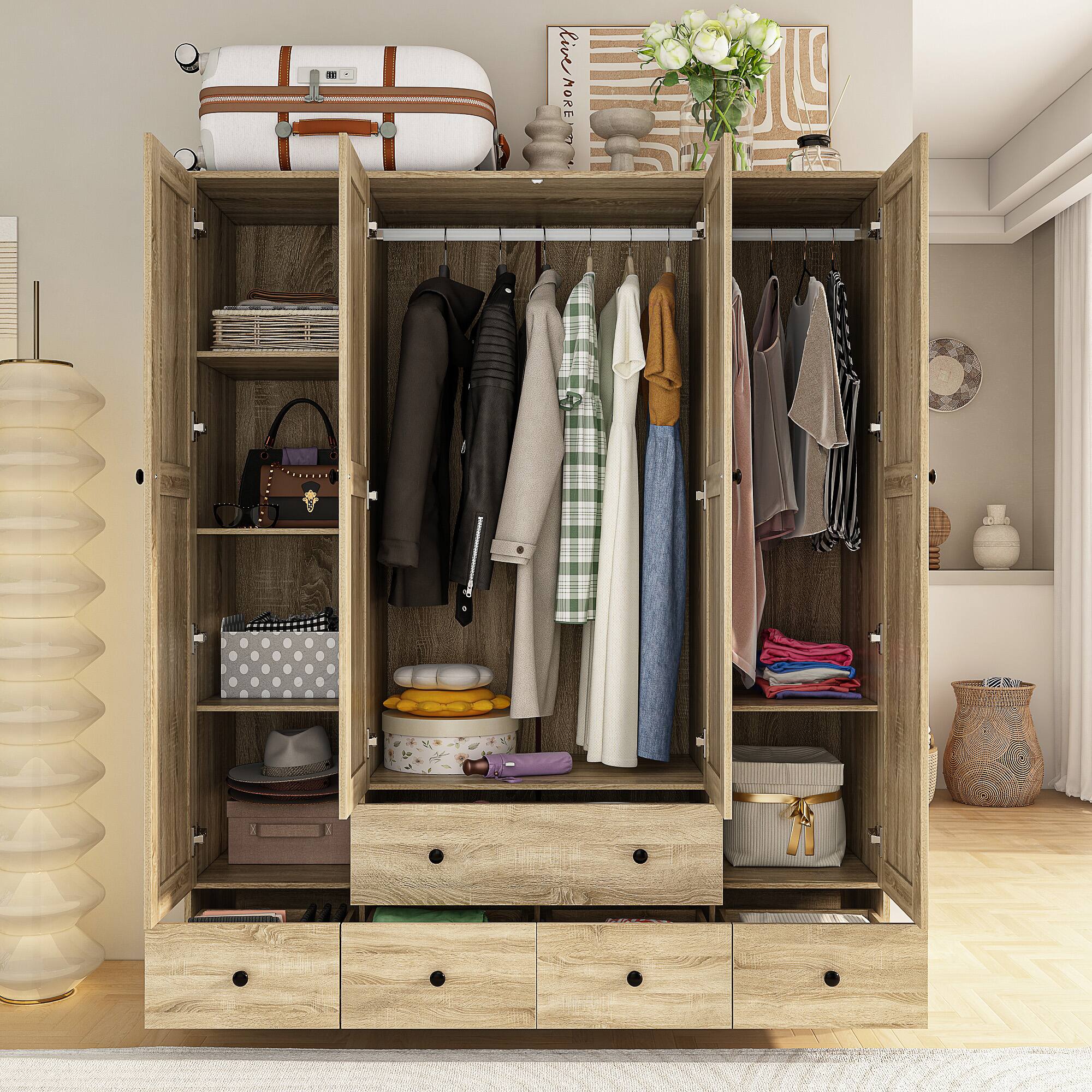 Back. Famapy - Woven Rattan Wardrobe with Large Hanging Space, Multi-Shelf Storage & Drawers for Bedroom & Closet - Wooden.