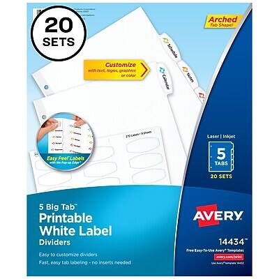 20 SETS Customize with text, logos, graphics or color  
Arched Tab Shape  
270 Laser / Inkjet Easy Peel Labels  
5 TABS  
20 SETS  
5 Big Tab Printable White Label Dividers  
Easy to customize dividers  
Fast easy tab labeling - no inserts needed  
AVERY  
14434  
Free Easy-To-Use Avery Templates