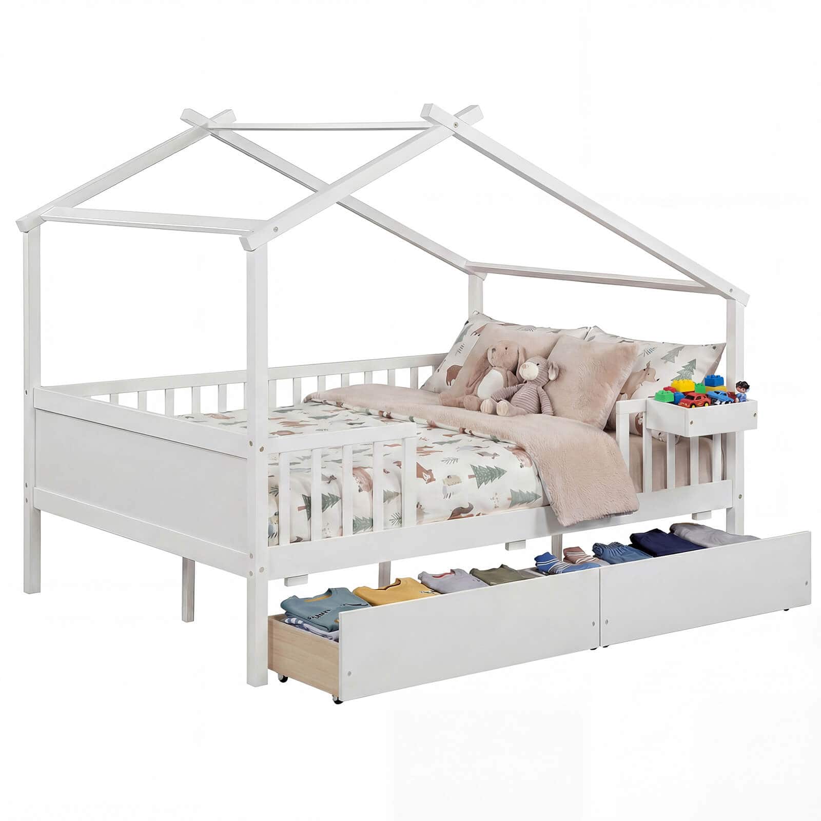 Costway - Full Size Bed with 2 Storage Drawers, House-shaped Bed Frame - White
