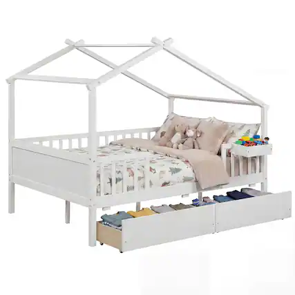 Front. Costway - Costway Full Size Bed with 2 Storage Drawers, House-shaped Bed Frame - White.
