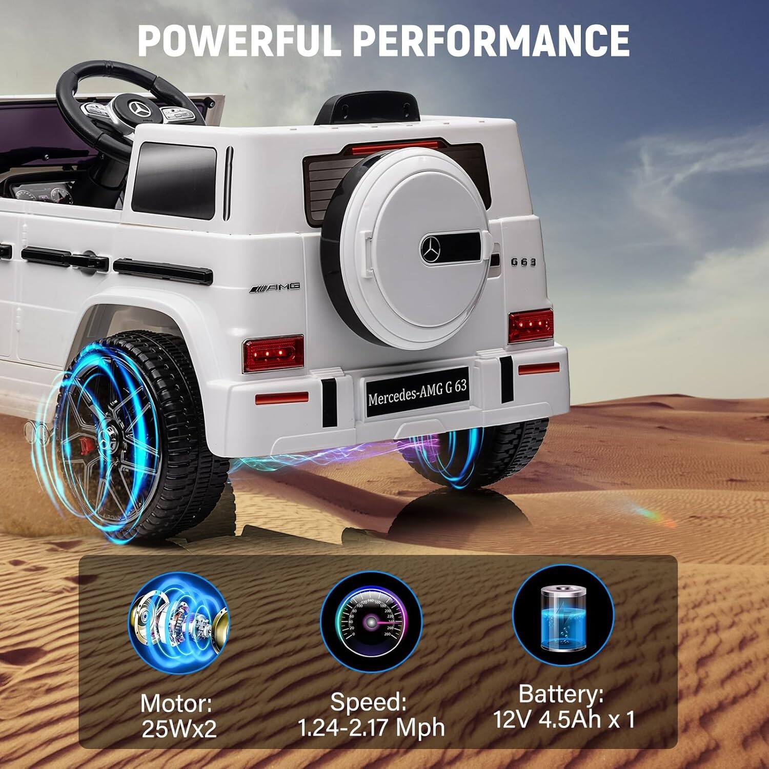 POWERFUL PERFORMANCE

Mercedes-AMG G 63

Motor: 25Wx2  
Speed: 1.24-2.17 Mph  
Battery: 12V 4.5Ah x 1