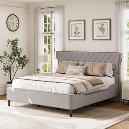 Whisen - King Size Upholstered Platform Bed with Curved Wingback Headboard for Bedroom - Gray