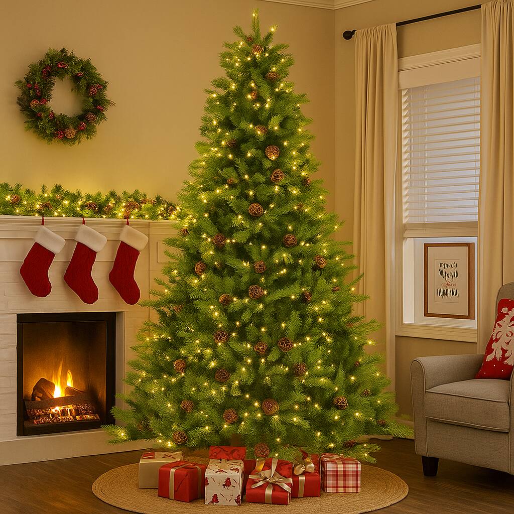 Angle. BreeBe - 6/7 FT Artificial Tree with Pine Cones & Adjustable Light Brightness - Green.