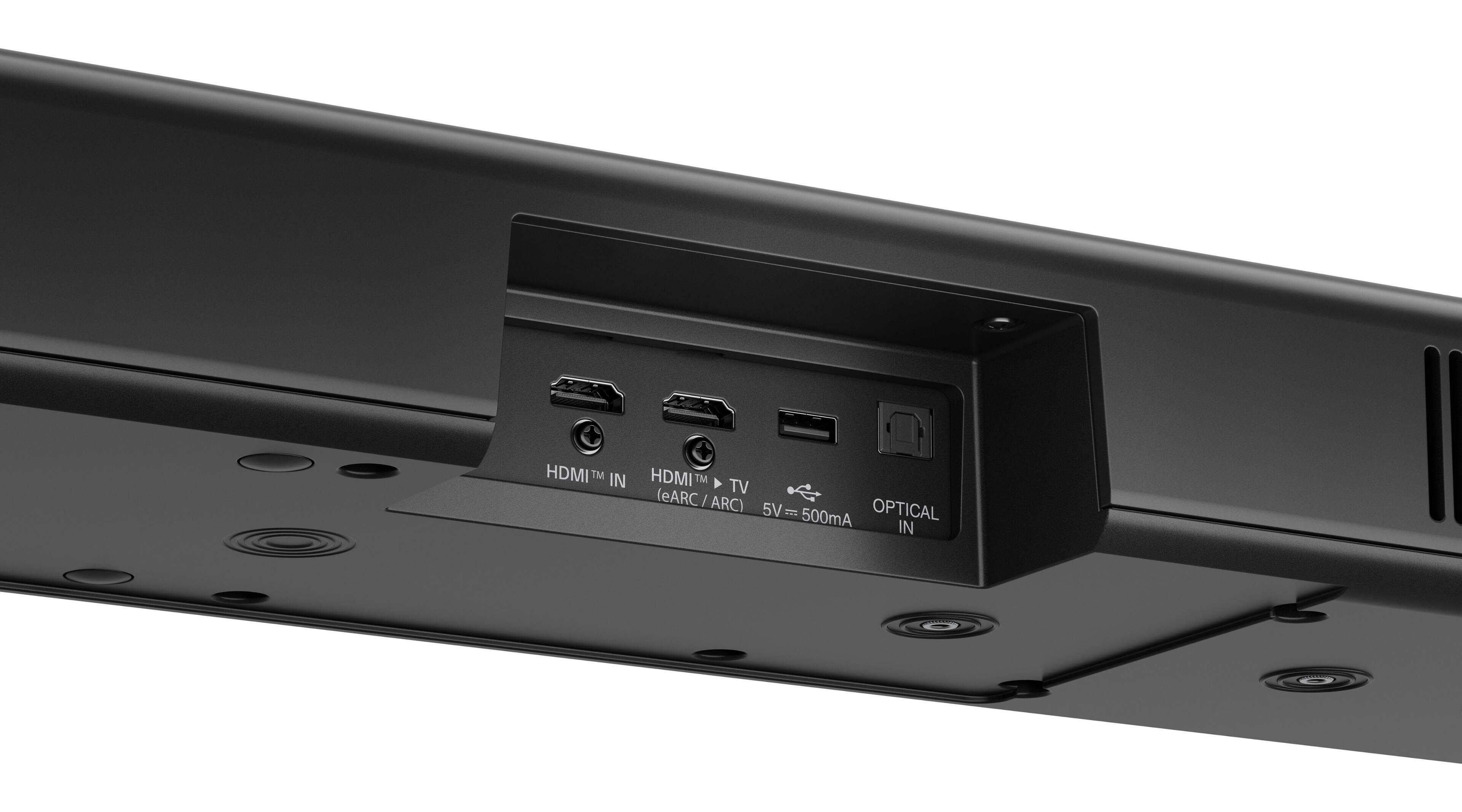 The text on the image reads "HDMI TM IN HDMI TM 4 TV (eARC ! ARC) 5V 2.500mA OPTICAL IN." This text is describing the features of the electronic device, which includes an HDMI input, support for eARC and ARC, and an optical input. The device also has a 5V power supply and a 2.500mA current draw.