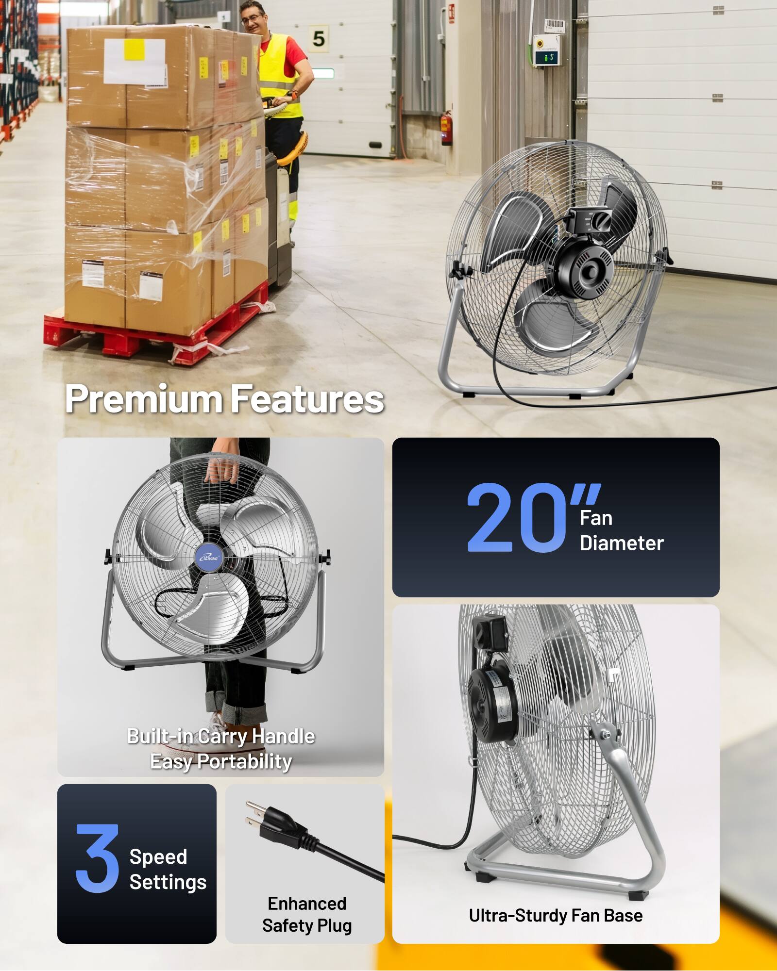 - 5
- iS a ATEEE Eh lum RVAH
- Premium Features
- 20" Fan Diameter
- Built-in Carry Handle
- Easy Portability
- 3 Speed Settings
- Enhanced Safety Plug
- Ultra-Sturdy Fan Base
