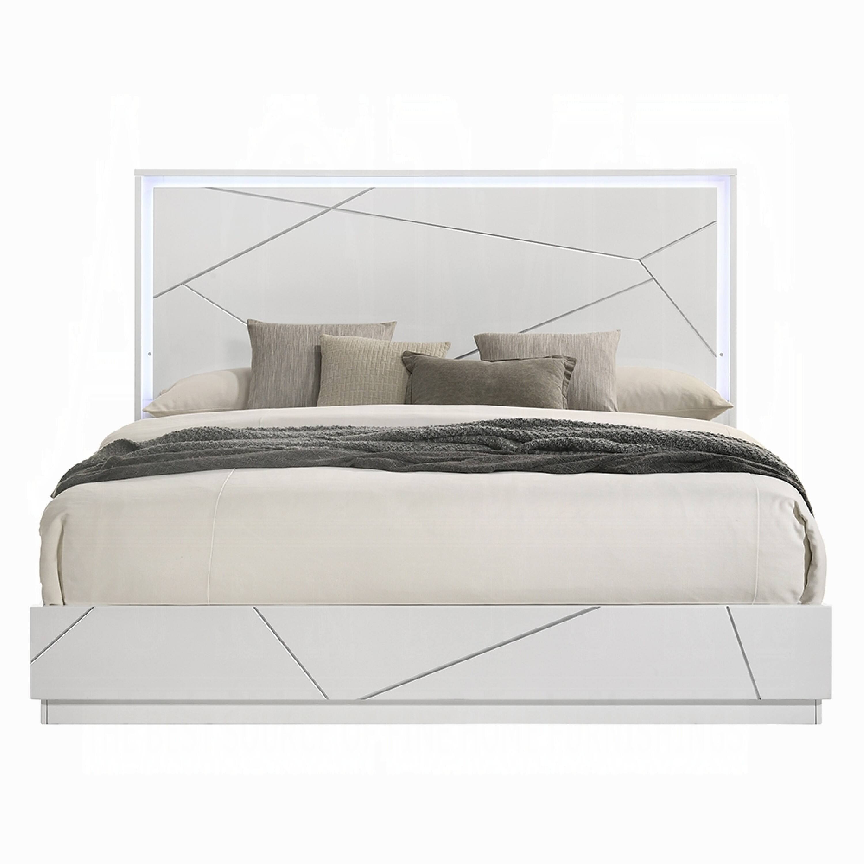 Alt View 1. Manhattan Lane - Esy Queen Size Storage Bed with LED Headboard, USB Ports, White and Silver - White, Silver.