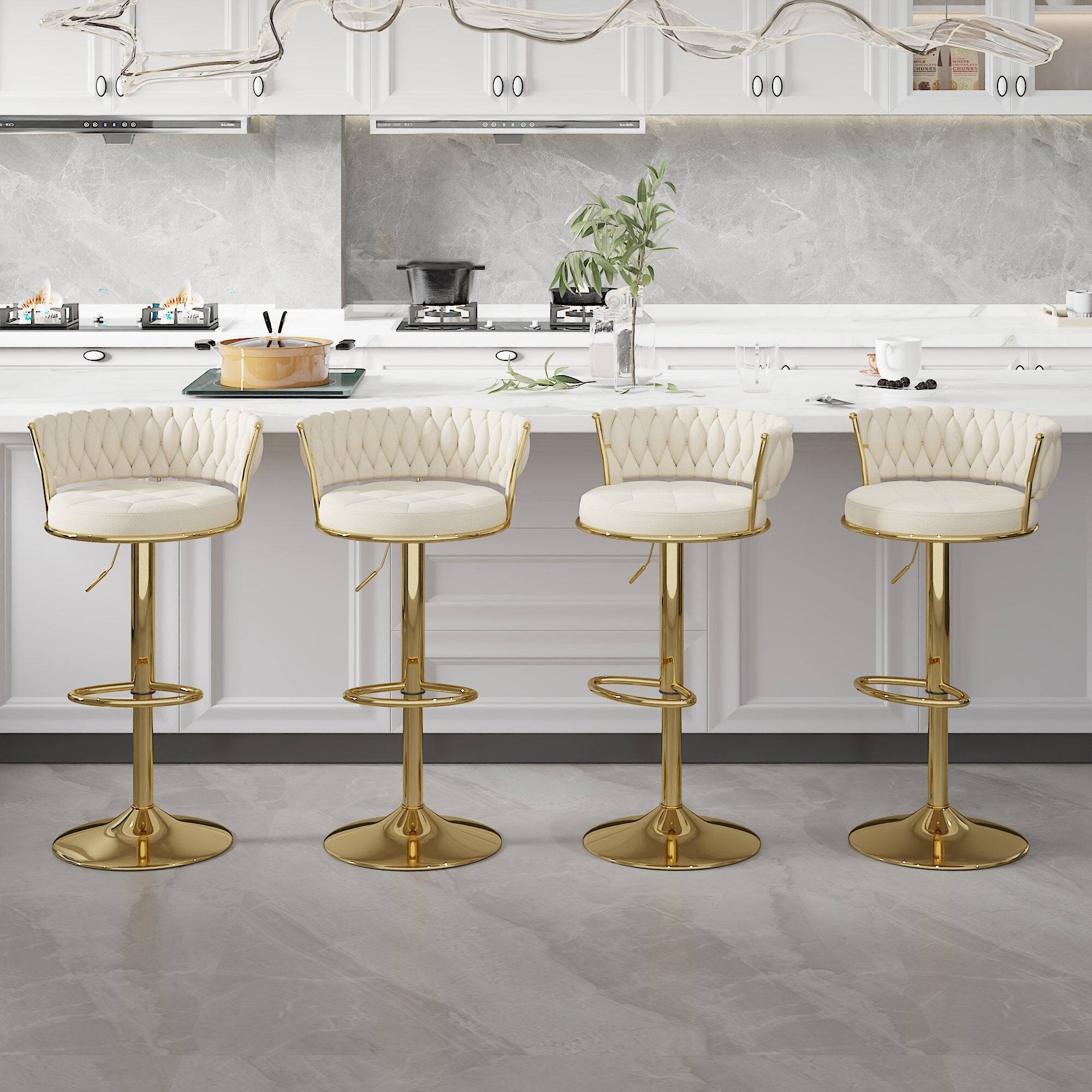 Alt View 4. Vecelo - Set of 2 Velvet Adjustable Bar Stools, 360 Swivel Bar Chairs with Back, Modern Counter Height Stools with Gold Base - White.