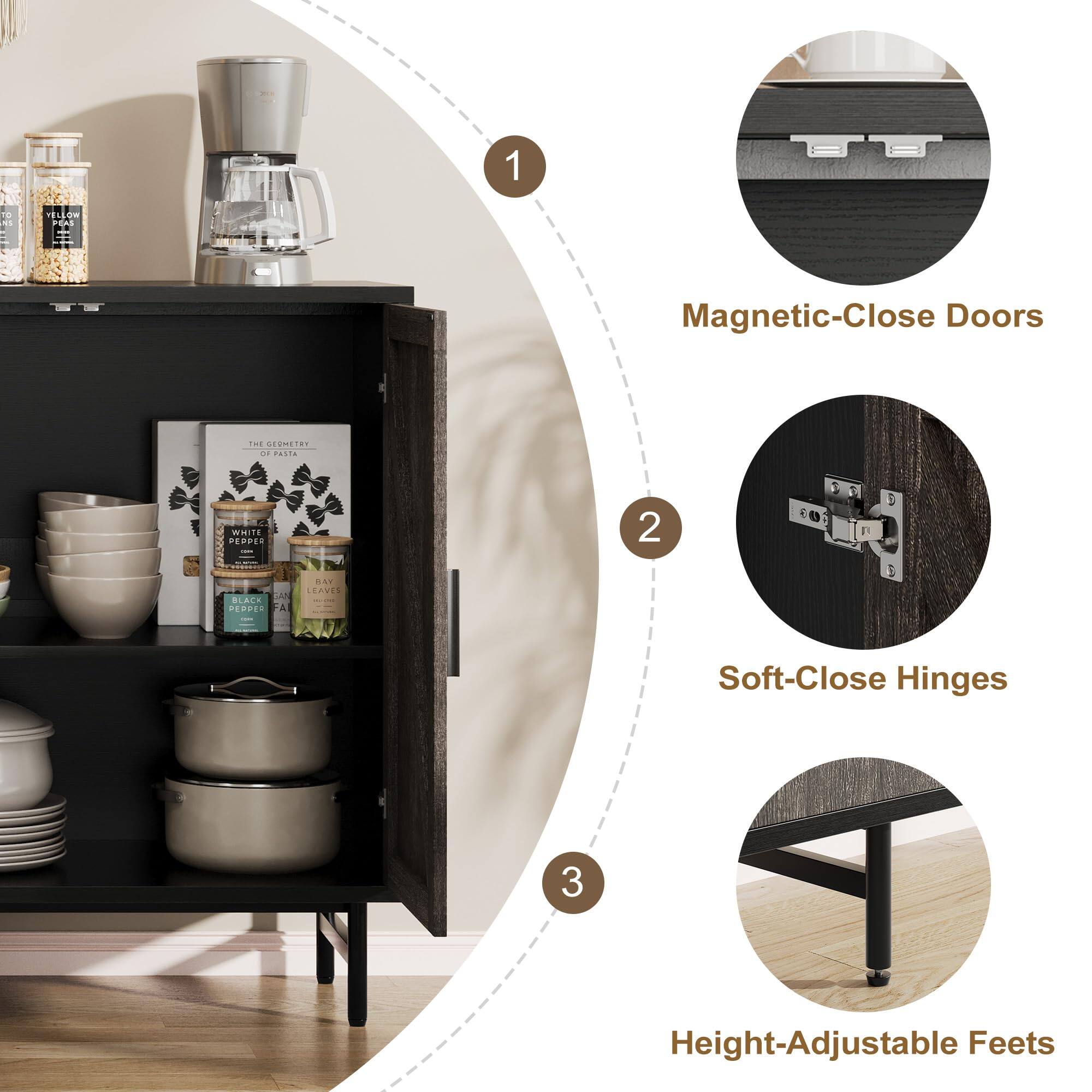 1. TO NS
   YELLOW PEAS
   Magnetic-Close Doors
   THE GEOMETRY OF PASTA
   WHITE PEPPER

2. HT BLACK PEPPER FA
   BAY LEAVES
   Soft-Close Hinges

3. Height-Adjustable Feet