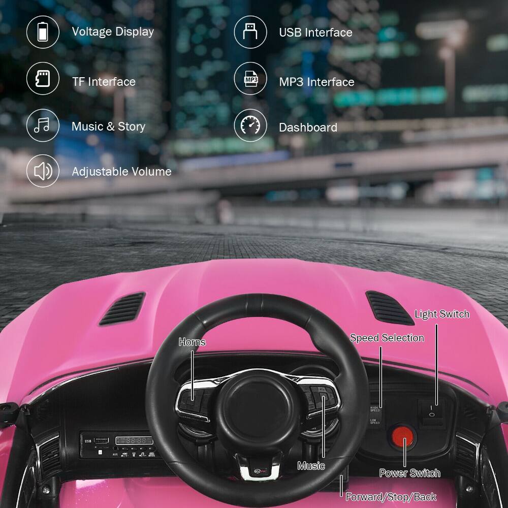 Voltage Display  
USB Interface  
TF Interface  
MP3 Interface  
Music & Story  
Dashboard  
Adjustable Volume  
Light Switch  
Horns  
Speed Selection  
Music Power Switch  
Forward/Stop/Back