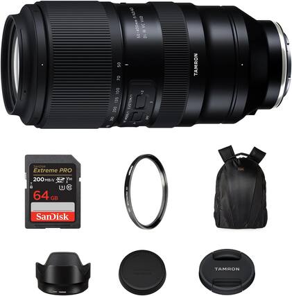 Sure, here is the corrected and grouped text from the image:
**Lens:**
- TAMRON
- 50-400mm 1:4.5-6.3 Di III VXD
- F/4.5-6.3
- 50-400mm
- Di III VXD
- 50
- 70
- 100
- 135
- 200
- 300
- CUSTOM/1
- CUSTOM/2
- TAMRON
**Memory Card:**
- SanDisk Extreme PRO
- 200 MB/s
- V30
- XC
- 64 GB
- SanDisk
**Accessories:**
- TAMRON
- TAMRON
- TAMRON