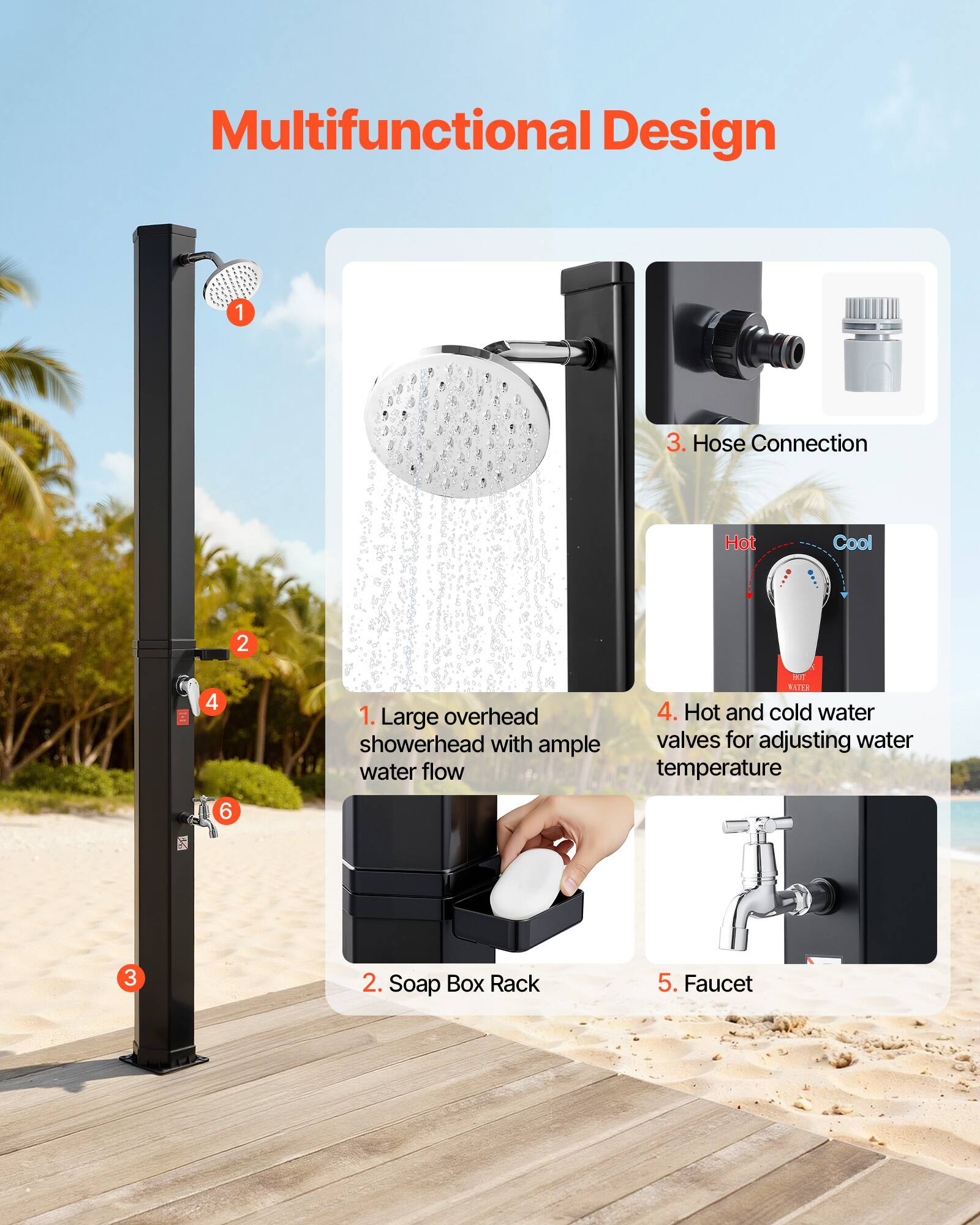 Multifunctional Design

1. Large overhead showerhead with ample water flow
2. Soap Box Rack
3. Hose Connection
4. Hot and cold water valves for adjusting water temperature
5. Faucet