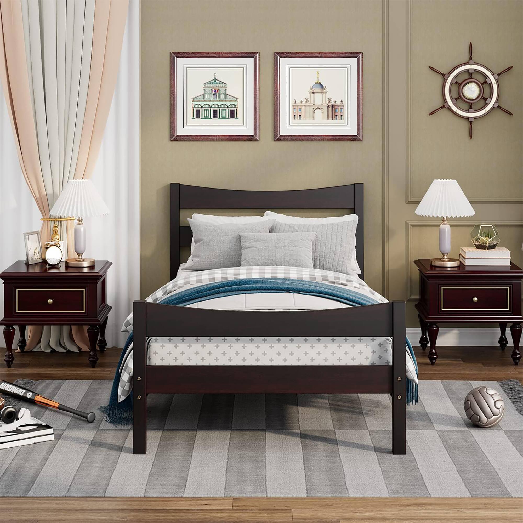 Alt View 4. Gymax - Gymax Twin Size Platform Bed Frame Foundation w/Headboard &Wood Slat Support Espresso - Espresso.