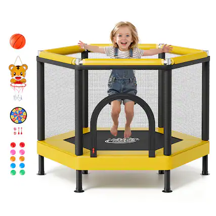 Front. VEVOR - Trampoline for Kids, Toddler Mini Trampoline, 132 lbs Capacity Indoor Outdoor Play Toys with Enclosure Net - Yellow.