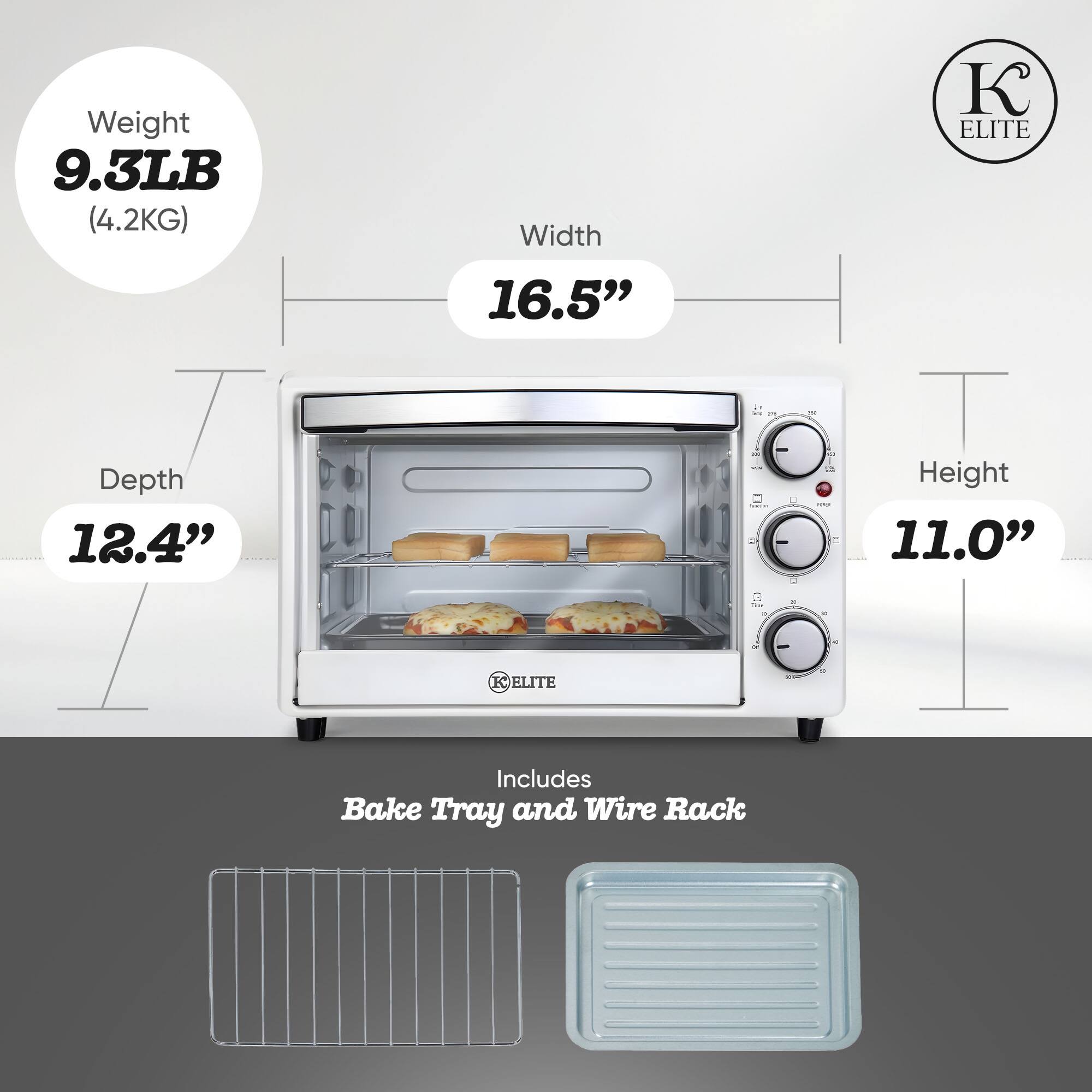 Weight 9.3LB (4.2KG)  
Width 16.5"  
Depth 12.4"  
Height 11.0"  
Includes Bake Tray and Wire Rack