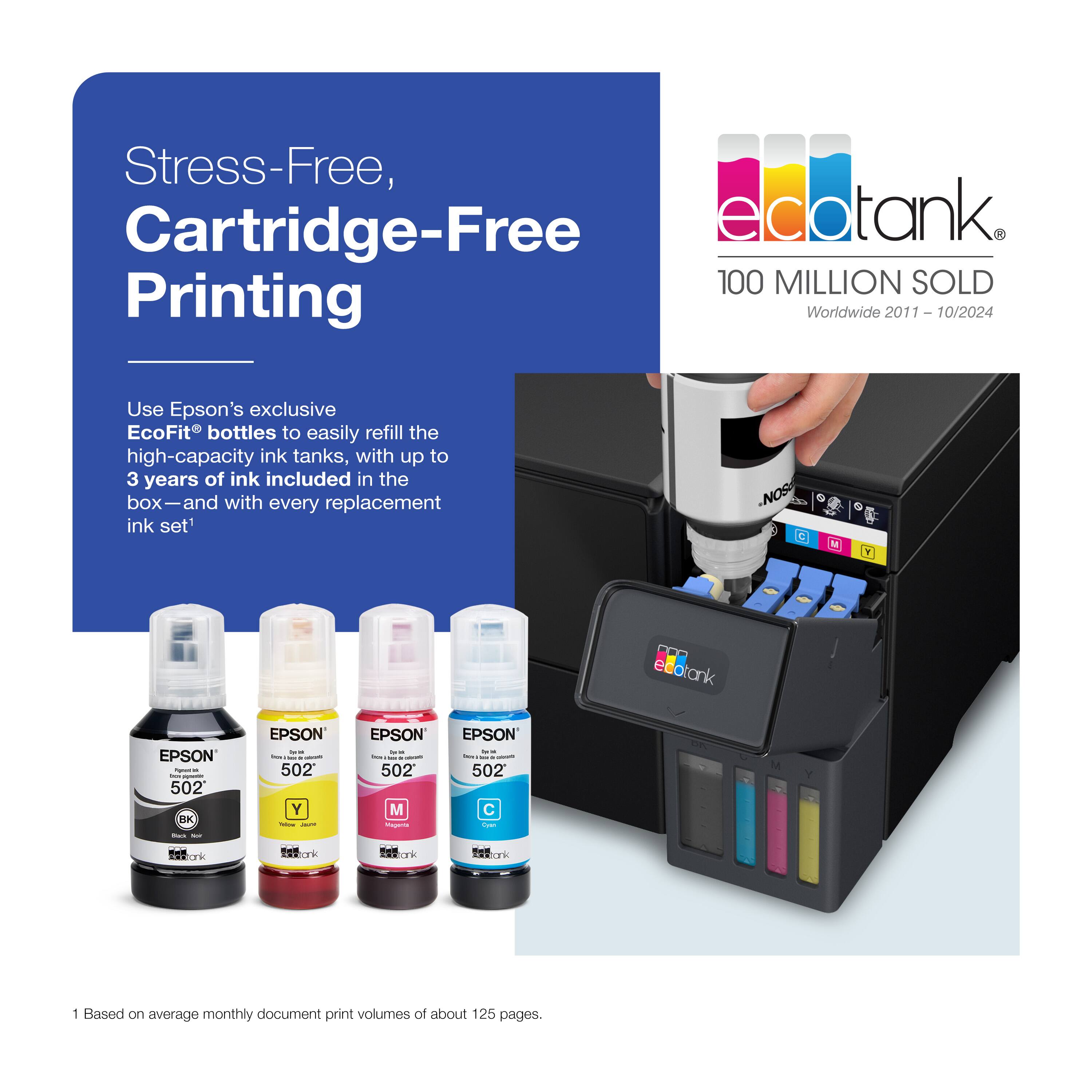 Stress-Free, Cartridge-Free Printing

Use Epson's exclusive EcoFit® bottles to easily refill the high-capacity ink tanks, with up to 3 years of ink included in the box—and with every replacement ink set*

100 MILLION SOLD
Worldwide 2011 – 10/2024

EcoTank

1 Based on average monthly document print volumes of about 125 pages.