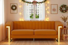 Anysun - Modern 3-Seat Cream Velvet Sofa with Gold Accents - Channel-Tufted for Living Room & Office. - Orange