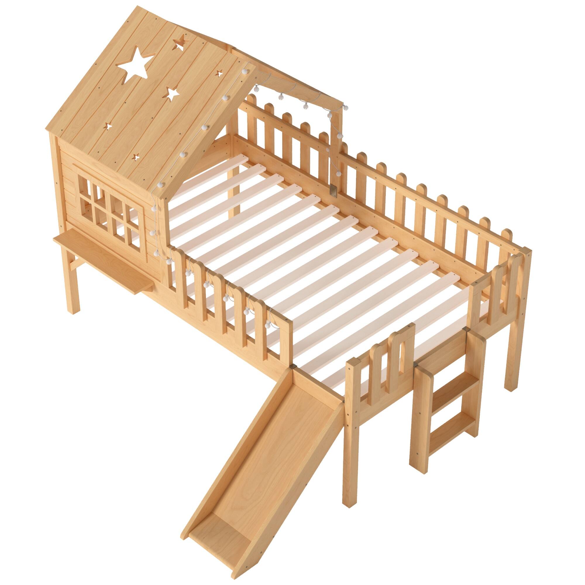 Alt View 7. Boyel Living - Twin Size House Loft Bed with Slide Playhouse Bed with Star Shaped Designs - Brown.