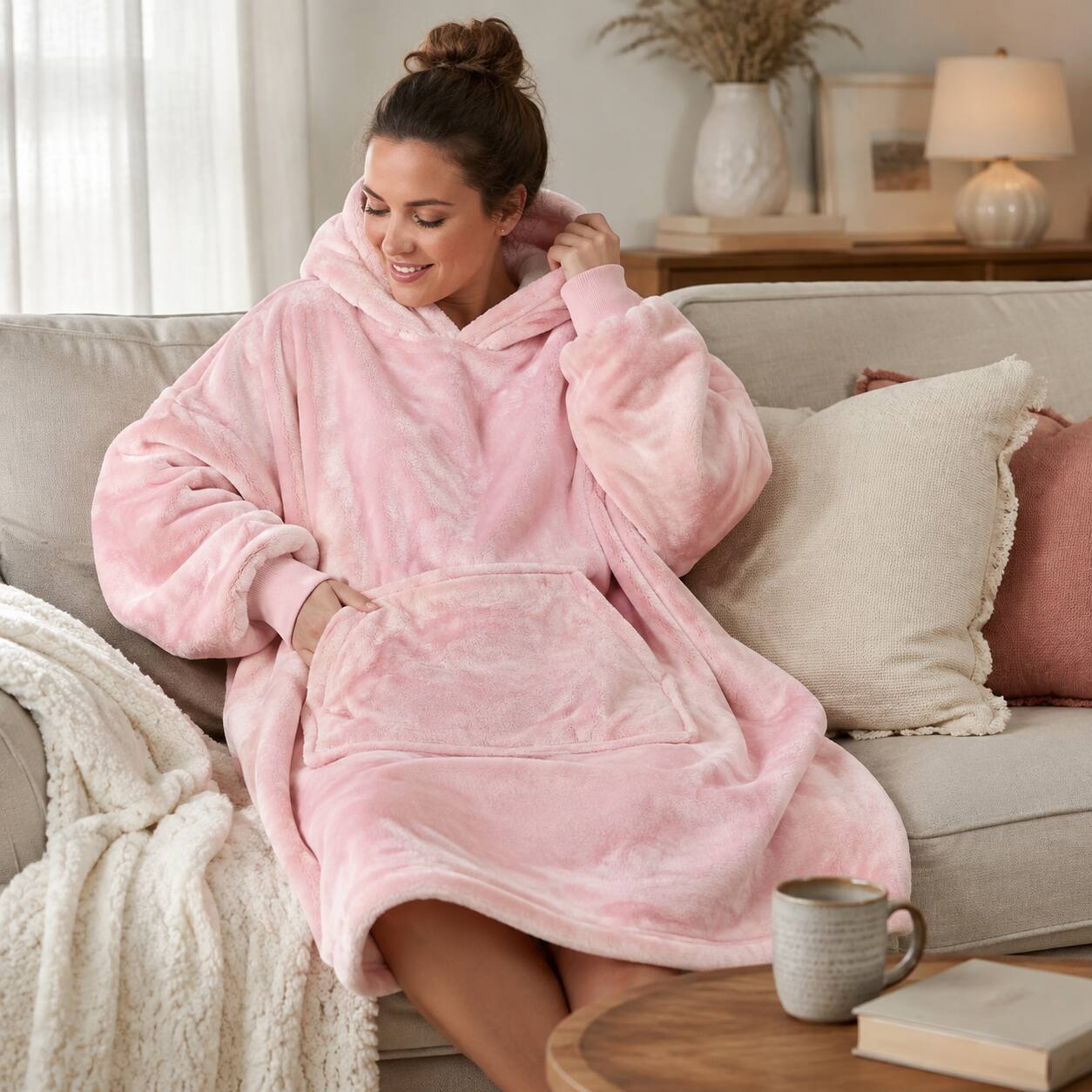 Alt View 1. Oumilen - Oversized Wearable Hoodie Blanket, 55.1 Inch XL Super Soft Flannel Hooded Blanket Sweatshirt with Pocket, Light Pink - Light Pink.