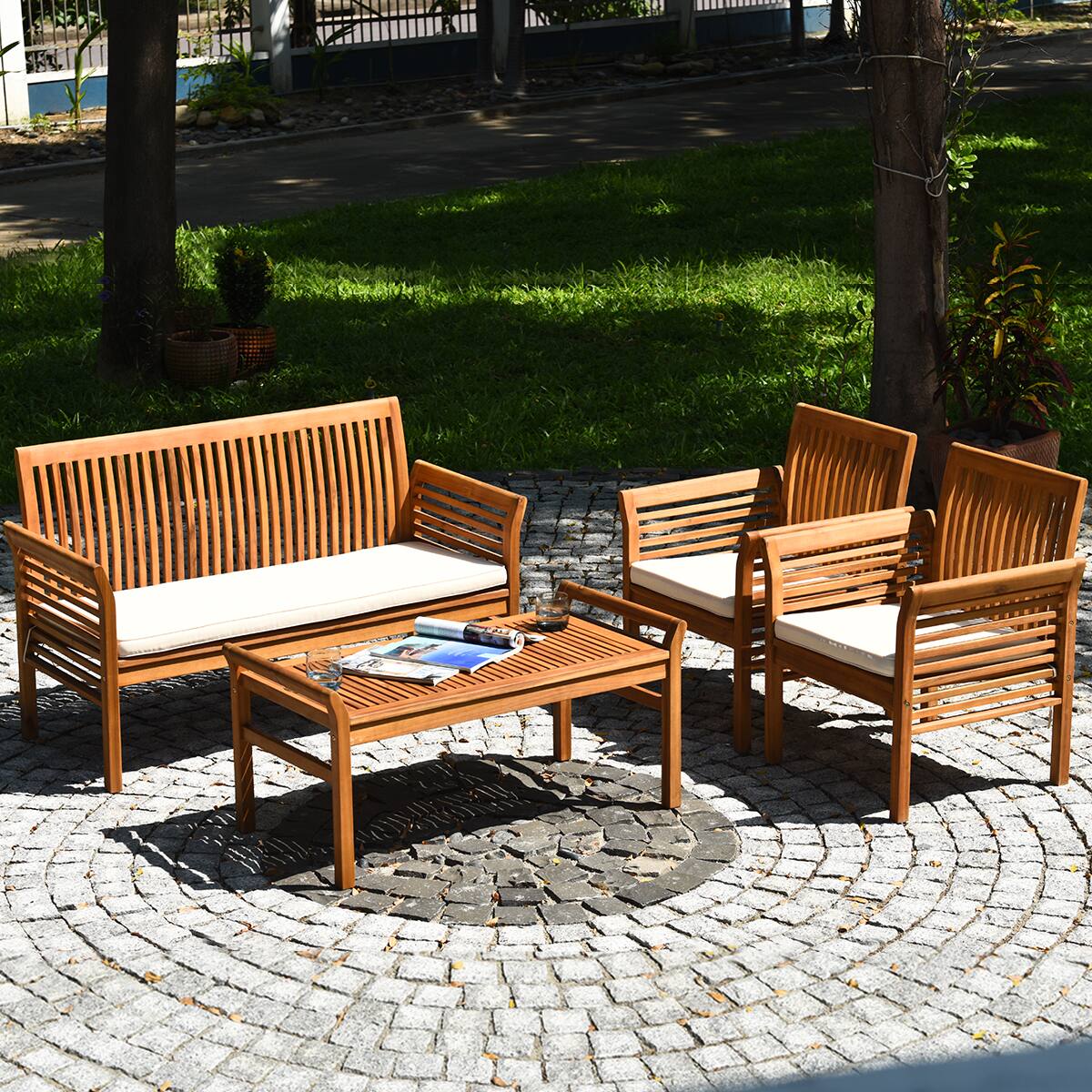 Alt View 4. Costway - Costway 8 PCS Outdoor Acacia Wood Sofa Furniture Set Cushioned Chair Coffee Table Garden - Multicolor.