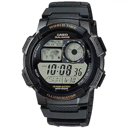 WORLD TIME
CASIO SALARMS
MUTE
ALM SIG
SPLIT-RESET
LIGHT
SET(-)
SET(+)
SELECT
MODE
CIM
10 YEAR BATTERY
WR100M
ILLUMINATOR