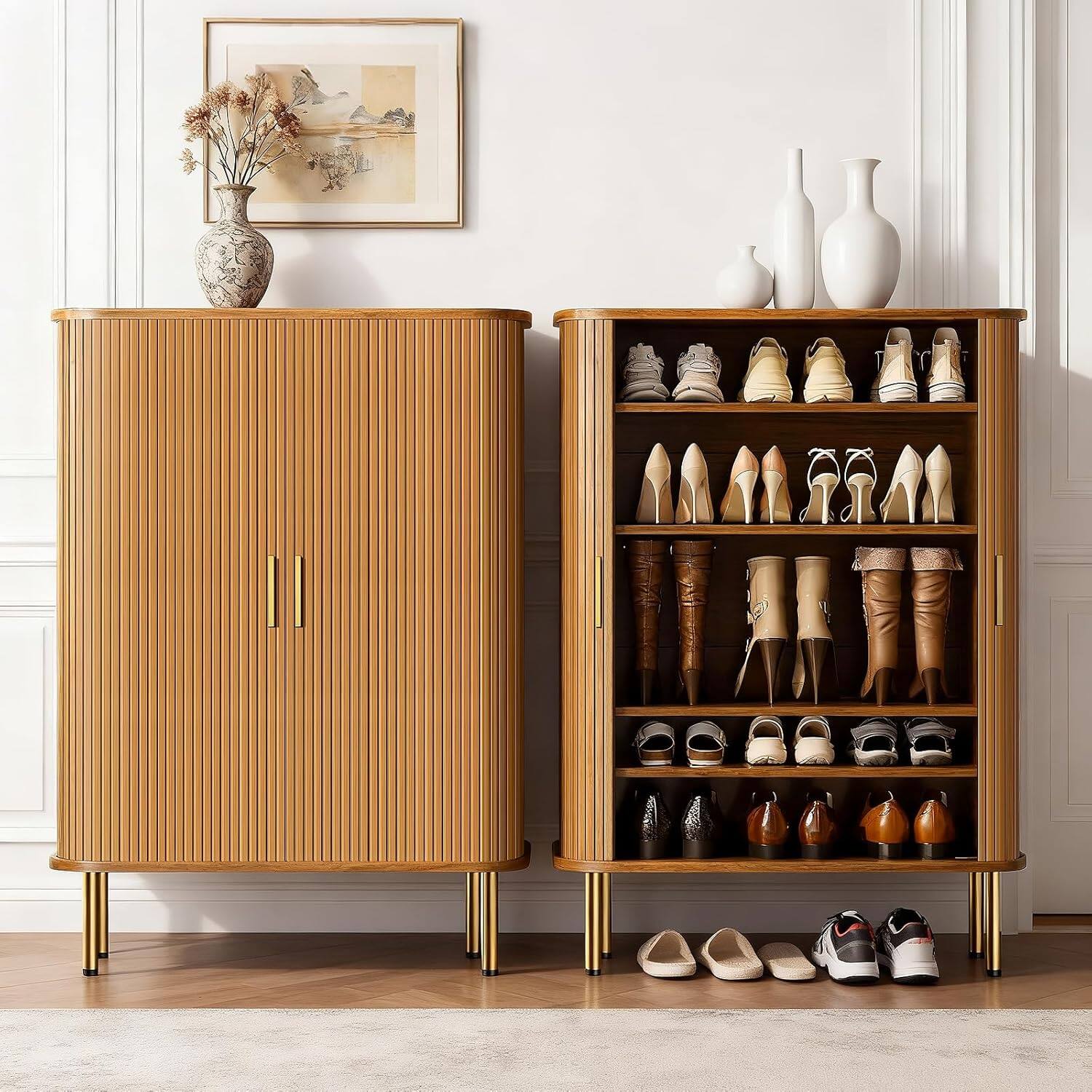 Back. Tiramisubest - 31.5" 6-Tier Shoe Storage Cabinet with Sliding Door & Adjustable Shelves,Mid-Century Freestanding Shoe Storage Organizer - Yellow.