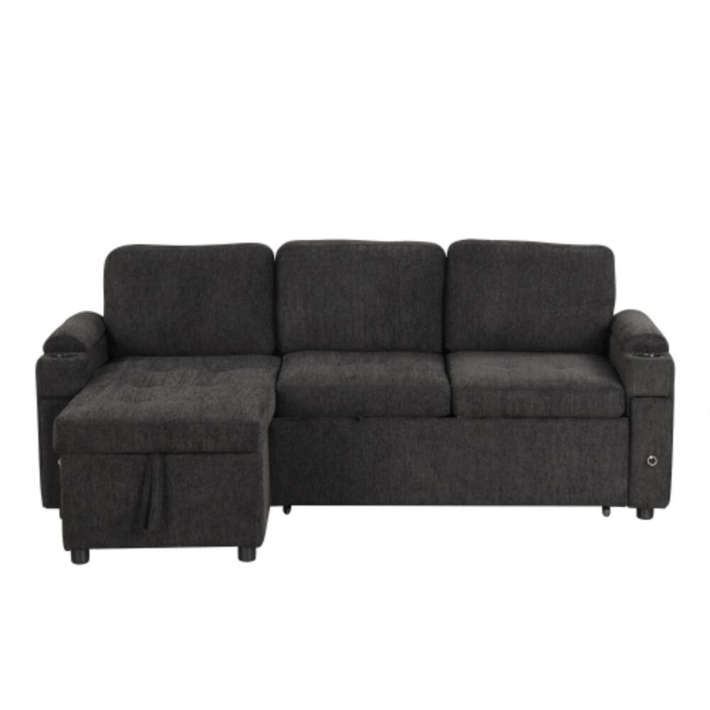 Alt View 6. LUCKY ONE - 83.5" L-Shaped Convertible Sofa Bed w/ Storage Cup Holders USB Ports Chaise - Black.