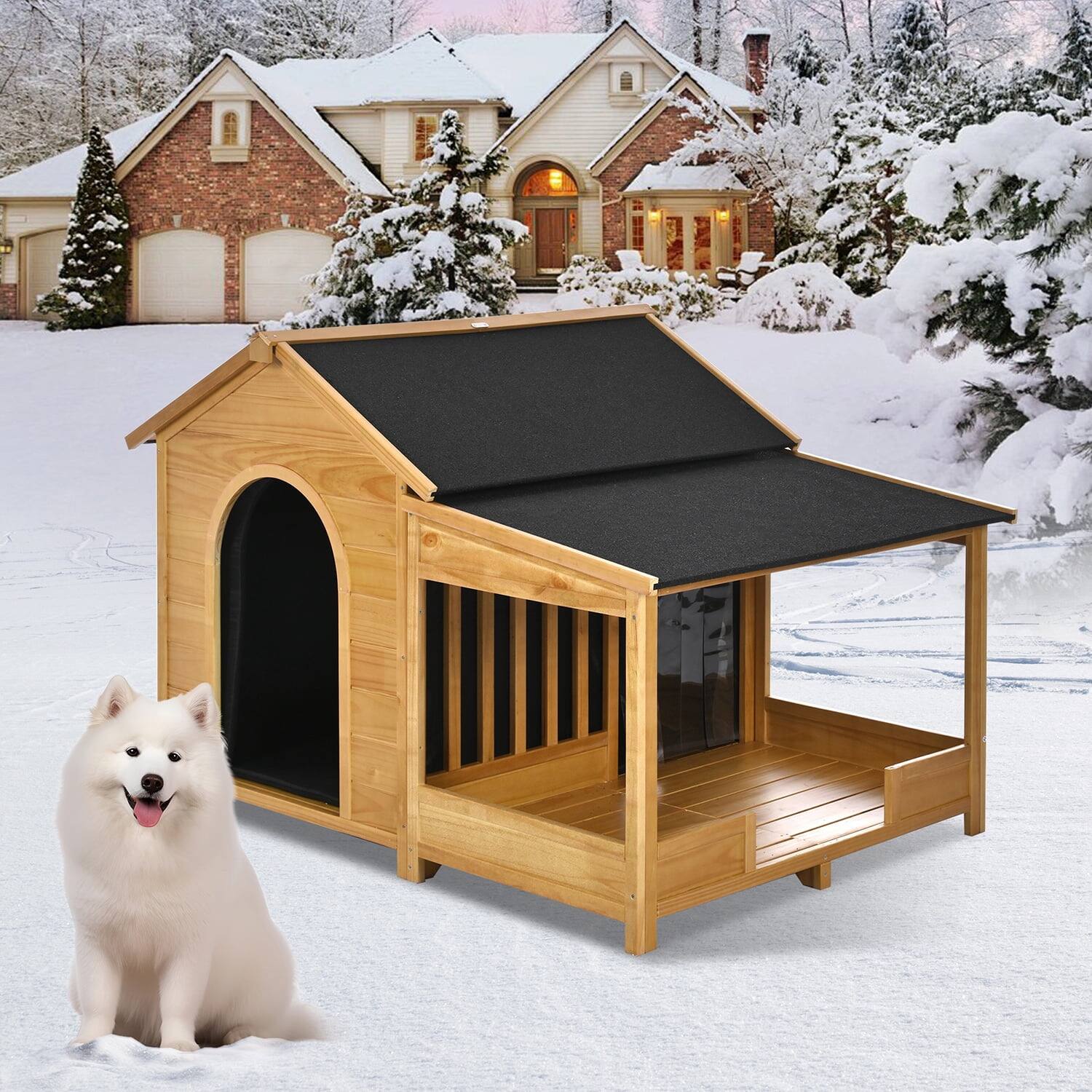 Alt View 1. Pefilos - 60" Outdoor Dog House with Insulated Liner for Winter Use, Weatherproof Dog Kennel with Porch & Elevated Floor.