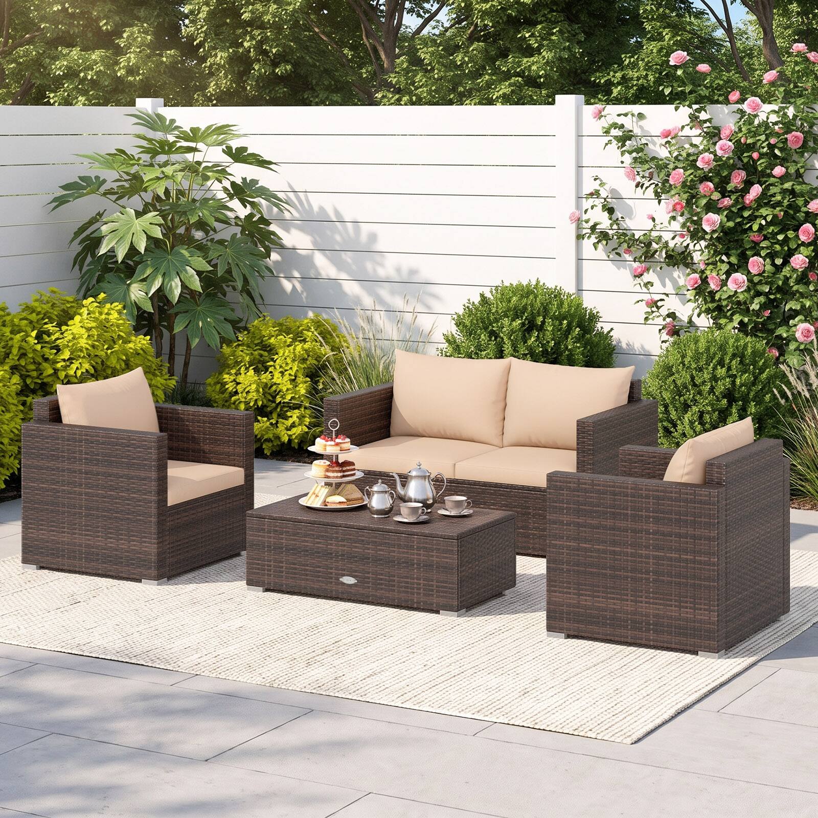 Alt View 4. Costway - Costway 4-Piece Patio Rattan Wicker Conversation Set with Padded Cushion & Coffee Table - Mix Brown+Brown.