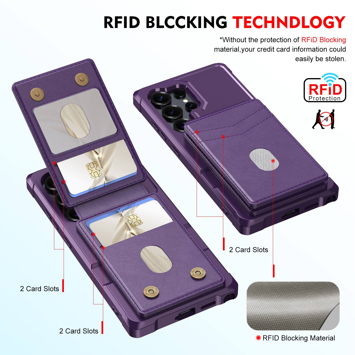 RFID BLOCKING TECHNOLOGY

*Without the protection of RFID Blocking material, your credit card information could easily be stolen.

RFID Protection

2 Card Slots

2 Card Slots

2 Card Slots

RFID Blocking Material