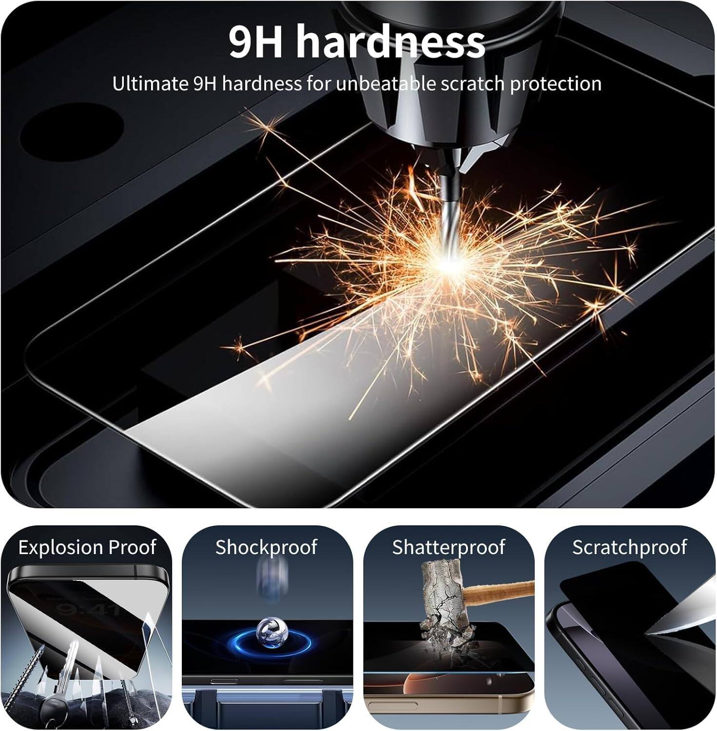 9H hardness  
Ultimate 9H hardness for unbeatable scratch protection  

Explosion Proof  
Shockproof  
Shatterproof  
Scratchproof