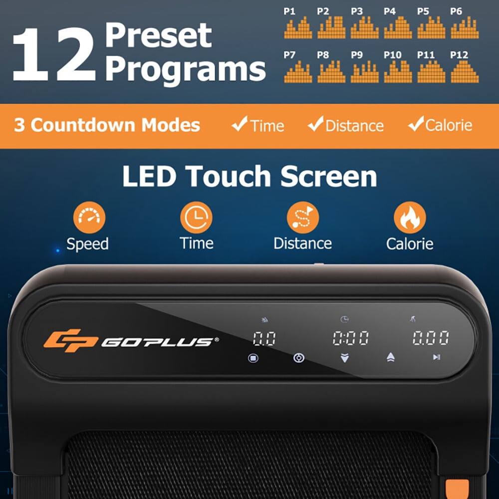 P1 P2 Preset 12 Programs P7 P8 P3 P9 P4 P5 P6 P10 P11 P12

3 Countdown Modes Time Distance Calorie

LED Touch Screen

Speed Time Distance Calorie

G GOPLUS 0.0 H