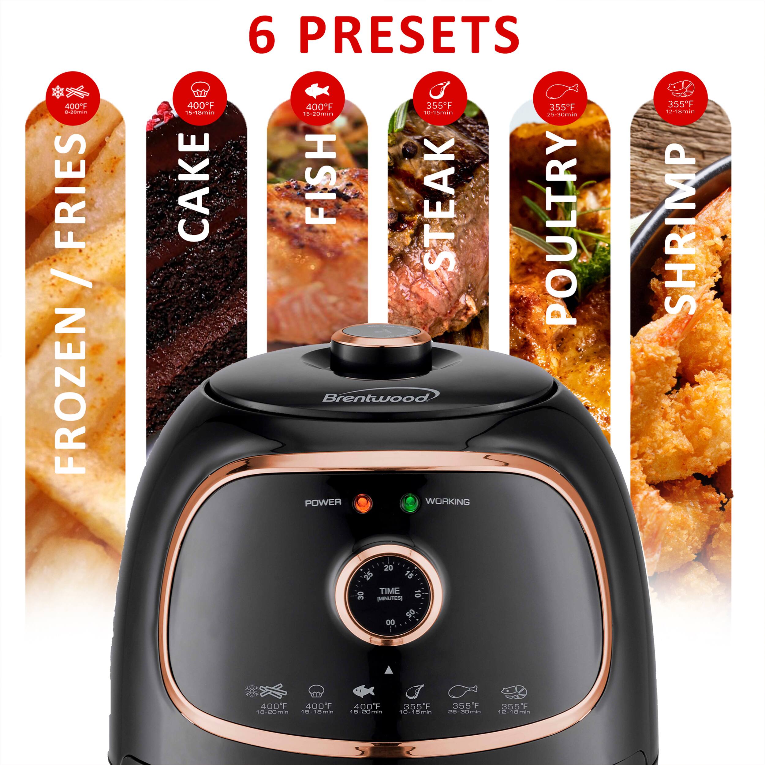 400°F FRIES / FROZEN  
400°F CAKE  
400°F FISH  
355°F STEAK  
355°F POULTRY  
355°F SHRIMP  

6 PRESETS  

Brentwood POWER WORKING