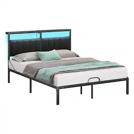 Bestier - Queen Size Bed Frame with Upholstered Headboard,Metal Platform with LED Lights, USB Charging Station & Storage Shelf - Black PU Leather