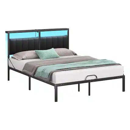 Front. Bestier - Queen Size Bed Frame with Upholstered Headboard,Metal Platform with LED Lights, USB Charging Station & Storage Shelf - Black PU Leather.