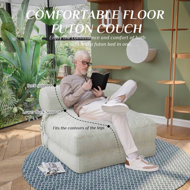 COMFORTABLE FLOOR PUTON COUCH  
Enjoy the convenience and comfort of both a sofa and a futon bed in one  

Back support  
Lower Back Support  
Fits the contours of the legs