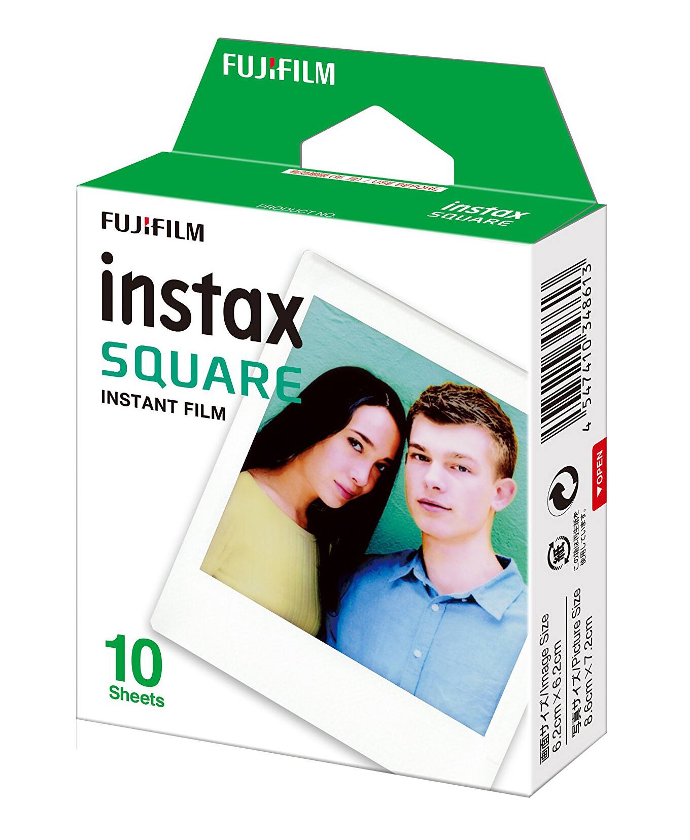 FUJIFILM instax SQUARE instax SQUARE INSTANT FILM Size 10 mos. Sheets /lmage 6.2cmx6.2cm mos.  6 348613 410 547 4 OPEN   Size mos. /Picture 8.6cmx7  8