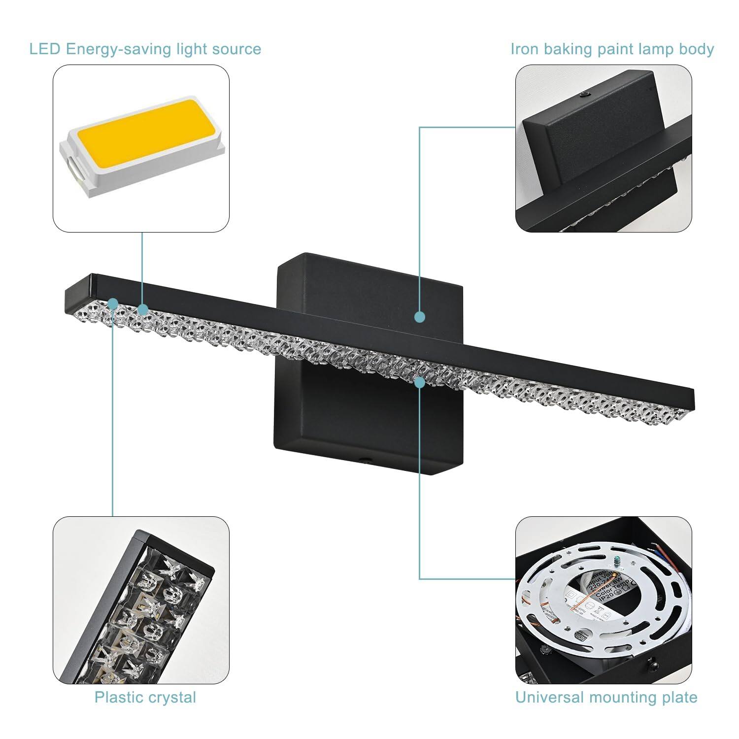 LED Energy-saving light source  
Iron baking paint lamp body  
Plastic crystal  
Universal mounting plate