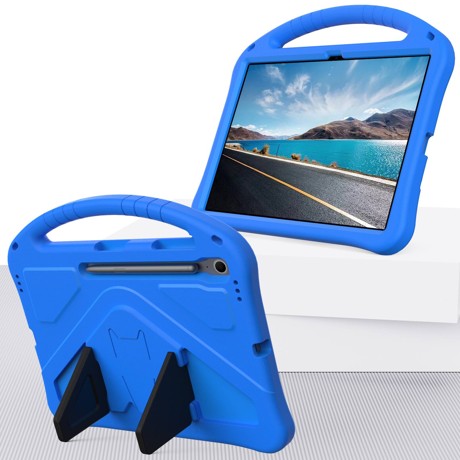 Left. Dteck - For Samsung Galaxy Tab S10 FE+ 2025 13.1-inch  Lightweight EVA Shockproof Handle Stand Kids Case Cover - Blue.