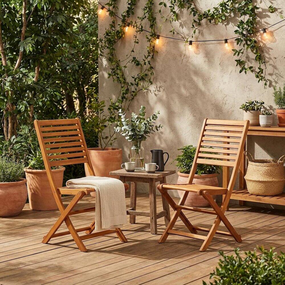 Alt View 2. Outdoor Escape - Neutral Oil Foldable Outdoor Dining Chairs with Acacia Wood Set of 2 - Brown.