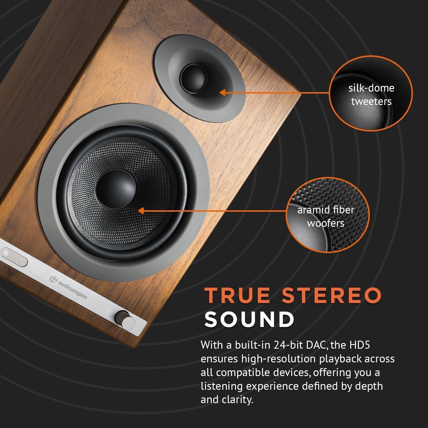 Silk-dome tweeters, aramid fiber woofers, audioengine TRUE STEREO SOUND

With a built-in 24-bit DAC, the HD5 ensures high-resolution playback across all compatible devices, offering you a listening experience defined by depth and clarity.