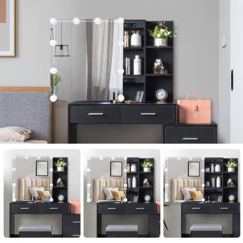 Alt View 4. Winado - Vanity Makeup Table Dressing Desk Set Open Shelves 5 Drawers Cabinet 10 LED Lighted Bulbs Sliding Mirror with Stool Set - Black.