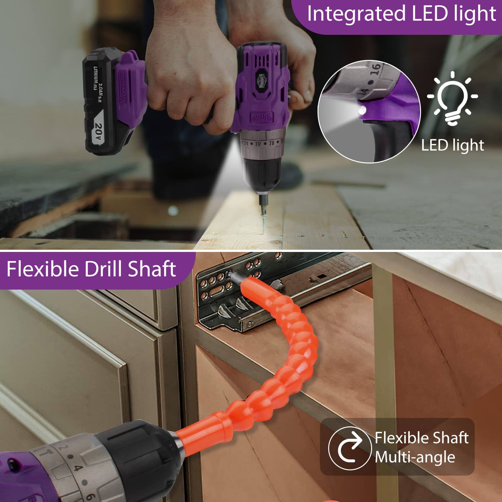 Integrated LED light  
Flexible Drill Shaft  
Flexible Shaft Multi-angle