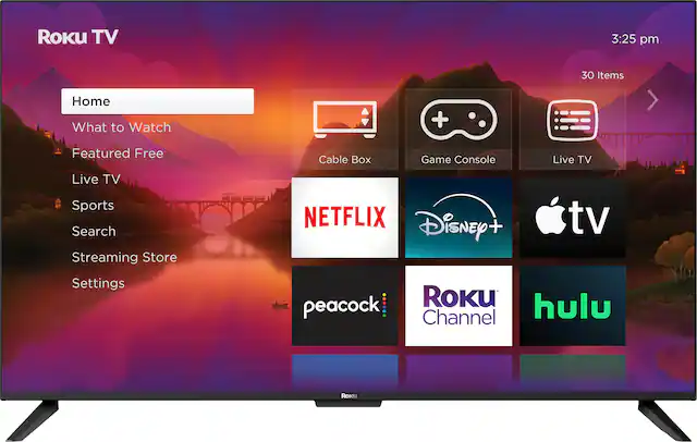 Roku TV 3:25 pm 30 Items Home What to Watch Featured Free Cable Box Game Console Live TV Live TV Sports Search Streaming Store NETFLIX Disney+ hulu peacock ROKU TV
