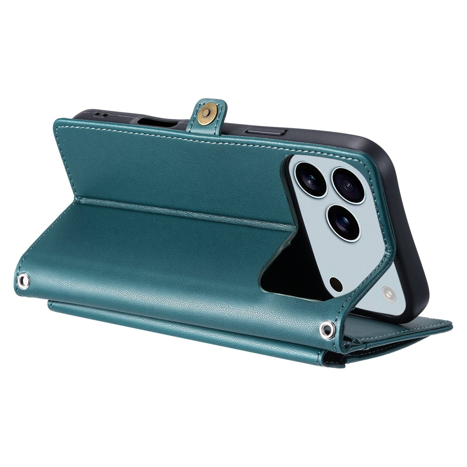 Alt View 4. Dteck - Foilo Wallet Case for Apple iPhone 17 Pro Max,Shockproof Card Holder PU Leather Magnetic Snap Phone Cover with Lanyard - Green.