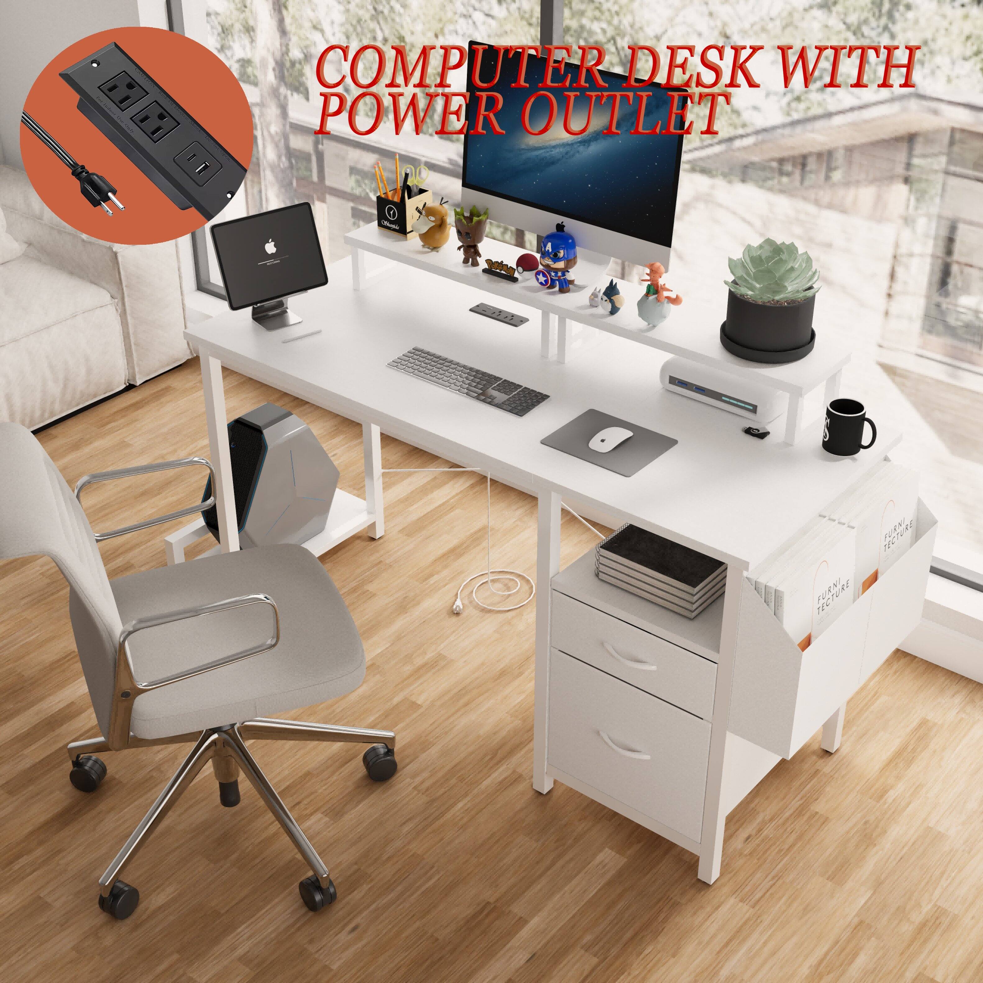 The corrected text is: "COMPUTER DESK WITH POWER OUTLET."