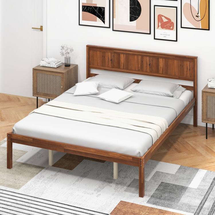 Angle. Hivvago - Hivvago Queen Size Retro Wood Platform Bed Frame with Headboard - Brown.