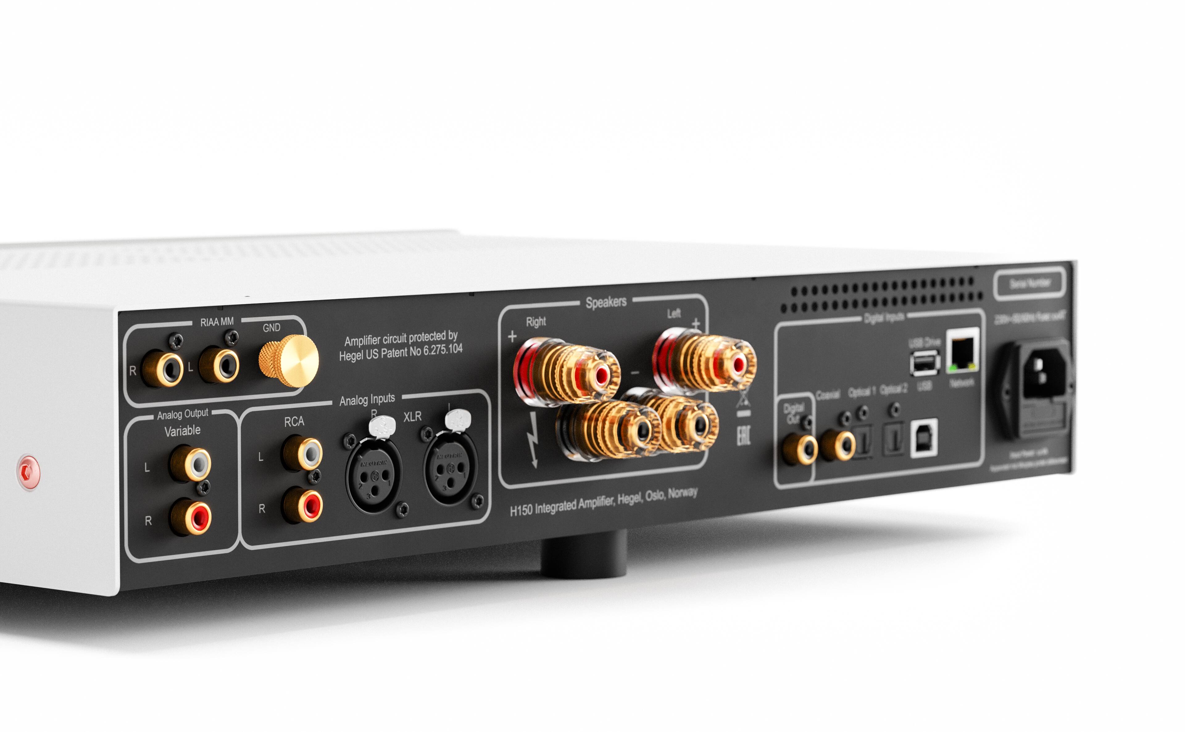 H150 Integrated Amplifier, Hegel, Oslo, Norway

Amplifier circuit protected by Hegel US Patent No 6,275,104

Analog Output
Variable
R L

RCA
R L

Analog Inputs
XLR
R L

Speakers
Right
Left

Digital Inputs
Coaxial
Optical 1
Optical 2
USB
Network

Digital Output
Coaxial

Serial Number

24-bit/192kHz Tube Output

RIAAMM
GND

Hegel, Oslo, Norway