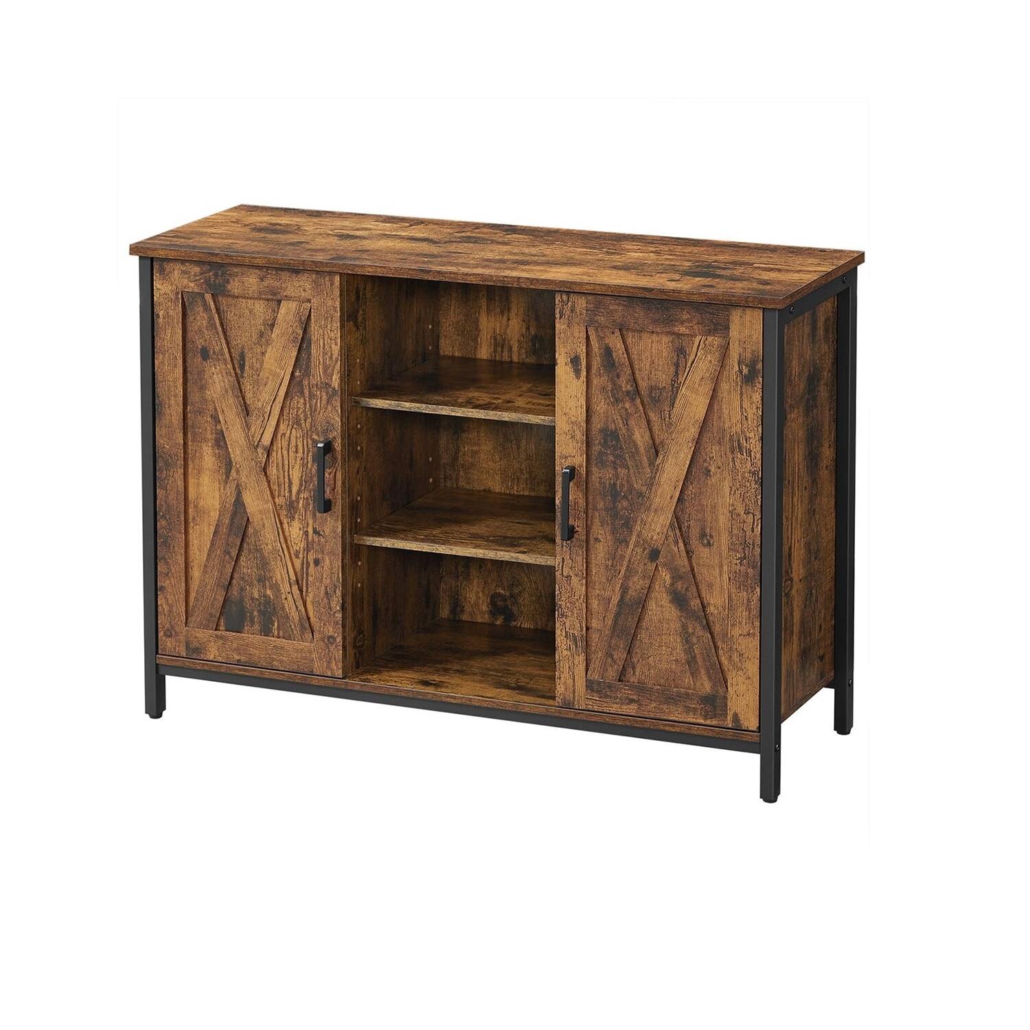 Angle. Hivvago - Rustic FarmHome 2 Barn Door Sideboard with Cupboard and Shelves - Rustic Brown, Black.