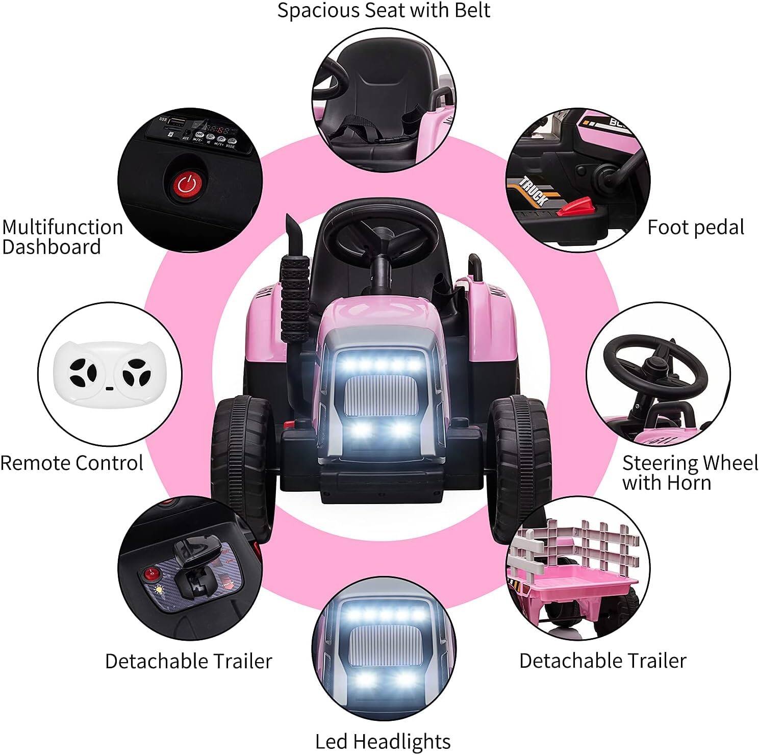 - Spacious Seat with Belt
- Multifunction Dashboard
- Remote Control
- Foot pedal
- Steering Wheel with Horn
- Detachable Trailer
- Led Headlights