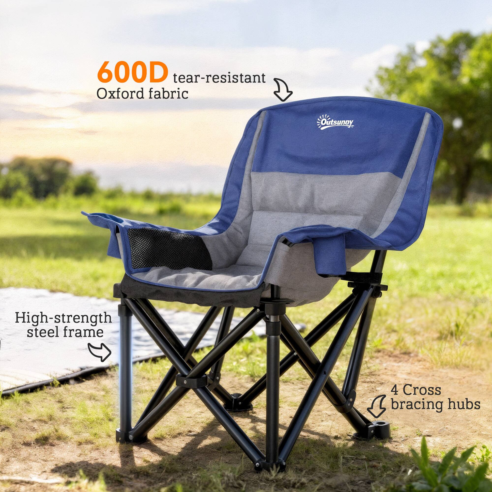 600D tear-resistant Oxford fabric  
High-strength steel frame  
4 Cross bracing hubs